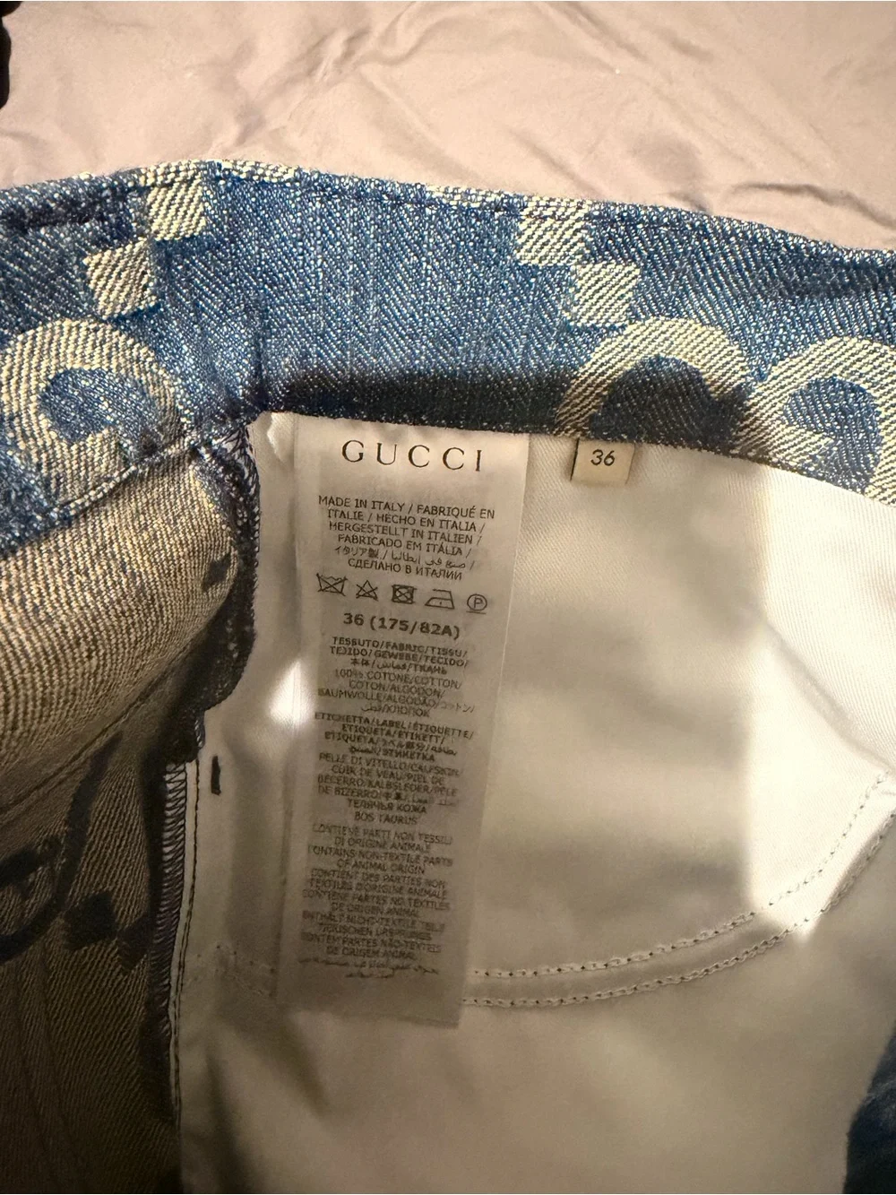 Authentic Gucci Blue Beige GG Denim Shorts with Logo Jacquard